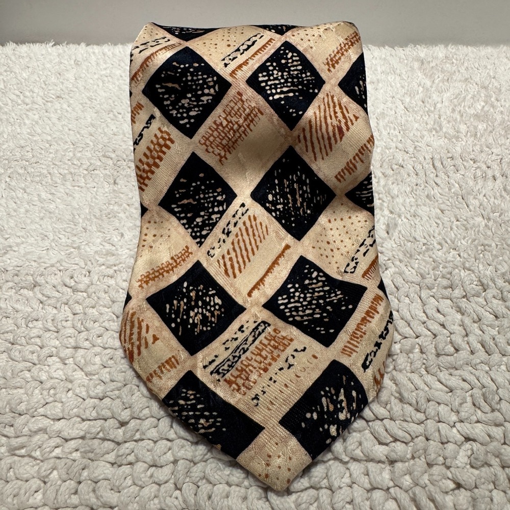 Galaxy Heartist Tie Black Beige Check Geometric 100% Silk Rockabilly Vintage
